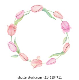 Watercolor Pink Tulip Wreath. Spring Floral Frame Isolated On White Background.