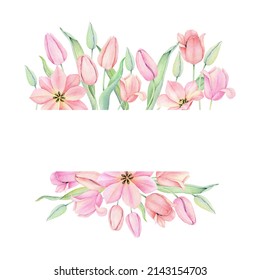 Watercolor Pink Tulip Wreath. Spting Floral Frame Isolated On White Background.