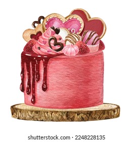 Watercolor pink valentine's day cake. Cake logo design, birthday cake illustration,Wedding cake,sweets clipart, bakery menu. - Powered by Shutterstock