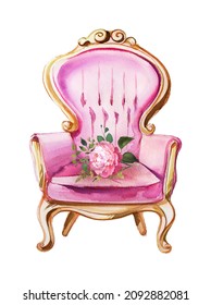 Watercolor Pink Vintage Armchair With A Flower Bouquet Illustration Isolated On A White Background. Old Fashioned Furniture Design. Romantic Feminine Victorian Chair Clipart.