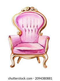 Watercolor Pink Vintage Armchair Illustration Isolated On A White Background. Old Fashioned Furniture Design. Romantic Feminine Victorian Chair Clipart.