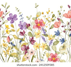 Watercolor pink, violet wild flowers. Digital floral repeat border for printing invitations, greeting cards, wall art, stickers and other. Summer illustration isolated on white. Hand drawing. - Powered by Shutterstock