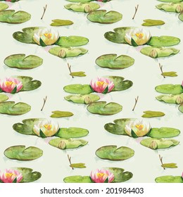 Watercolor pink water-lilly flower pattern set with green round leaves
