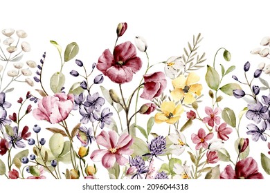 Watercolor pink wild flowers. Floral summer repeat border for printing invitations, greeting cards, wall art, stickers and other. Isolated on white. Hand painted. - Powered by Shutterstock