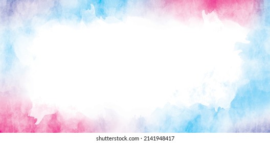 Watercolor Pink-red Blue Border White Background. Abstract Colors Summer Sky. Texture Mulberry Paper, Blur Brush Degrade Red Blue-purple Vignette. Design Background For Festival, Digital Illustration