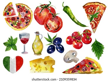 Watercolor Pizza Clipart,Pizza Restaurant,Italy Clipart Pizza Night,Pizza Menu,Party Food,Instant Download,Pizza Tomato,cheese And Wine Rome