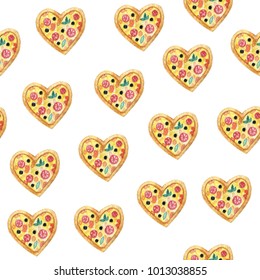 Watercolor Pizza Love Seamless Pattern On White Background