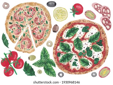 Watercolor pizza with shrimps and margarita. Basil leaves, tomatoes and olives. Good for postcards, flyers, patterns and stickers, recipe books. - Powered by Shutterstock