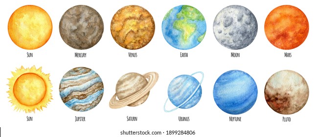 Watercolor planets of the solar system. Outer Space planet Mercury Venus Earth Mars Jupiter Saturn Uranus Neptune Pluto with Sun hand on white background. Our galaxy astronomy education material