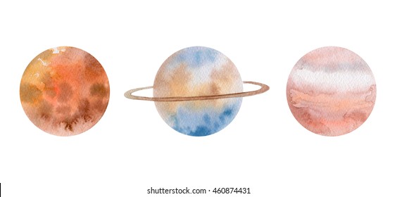 Watercolor Planets: Venus, Saturn, Jupiter