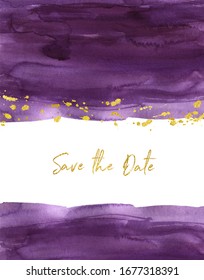 Watercolor plum purple color texture on white background. Wedding invitation design. Rich jewel tone of splashes and gold sparkles. Abstract wash, swash and brushstrokes of liquid paint