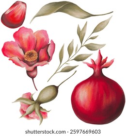 Watercolor Pomegranate and Botanical Elements Set – Hand-Painted Fruits and Flowers Clipart