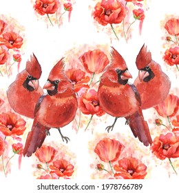 Watercolor poppies and Cardinal birds, hand drawn illustration, red wildflowers and red birds isolated on white background. Watercolor seamless pattern