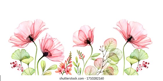 Watercolor Poppy bottom border. Horizontal floral background. Abstract pink flowers with leaves on white. Botanical illustration for cards, wedding design