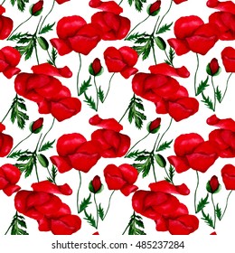 Watercolor Poppy Flower Seamless Pattern 