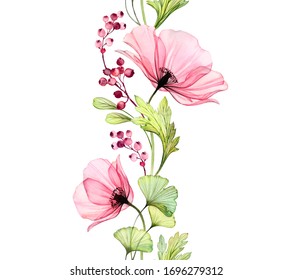 Watercolor Poppy Seamless Border Vertical Repetitive Stock Illustration 