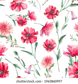 Watercolor Poppy Seamless Pattern. Hand Painted Repeating Background With Floral Elements On White Background. Botanical Texture