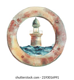 Watercolor Porthole Illustration. Nautical Decorative Element With Lighthouse And Sea Water Isolated On White Background