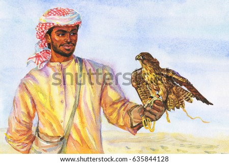 Watercolor portrait of arabian man. Hand drawn sheikh and predatory bird. Painting desert illustration