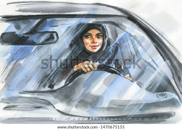 Watercolor Portrait Arabian Woman Driving Car Stock Illustration 1470675155