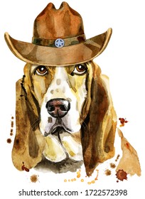 Watercolor Portrait Of Basset Hound With Cowboy Hat