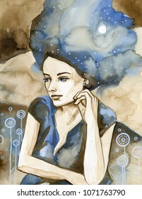 Watercolor portrait of a beautiful woman.