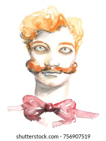 Watercolor Portrait With Big Blue Glassy Eyes And Red Bow Tie.