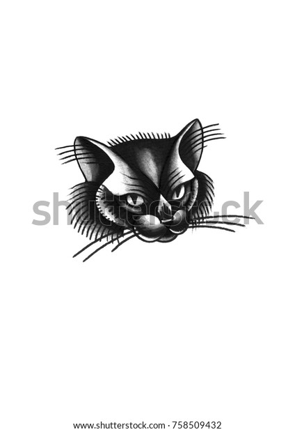 Watercolor Portrait Black Cat Oldschool Tattoo のイラスト素材