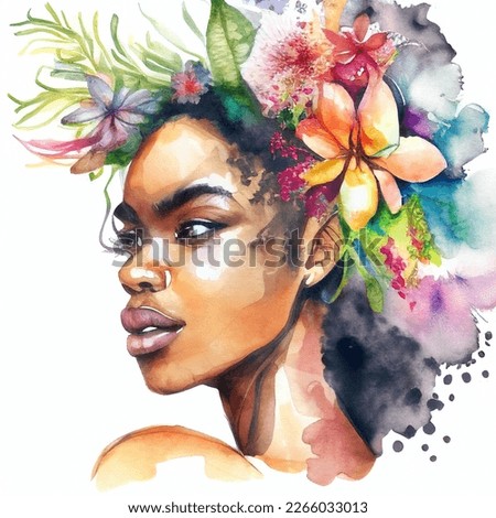 Watercolor portrait of black woman with tropical flowers in the hair, african american beautiful young girl with floral decorations hairstyle