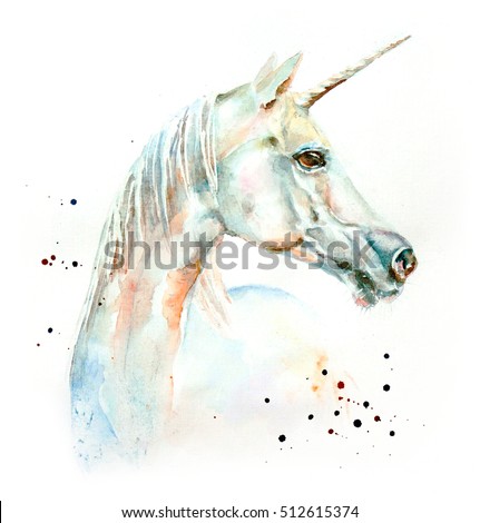 The watercolor portrait of blue and white unicorn isolated on white with watercolor drops