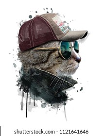 Watercolor portrait of cool Cat with glasses. Hand drawn illustration.Animal graphics.Custom print design for all types of surfaces.