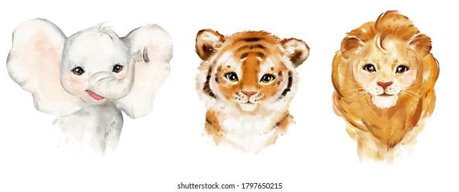 
Watercolor Portrait Elephant, Tiger, Lion, Kids Cute Baby Animal 