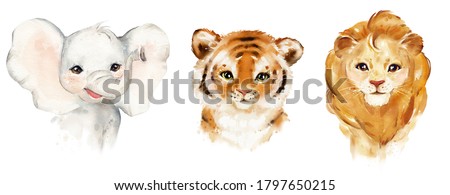 
Watercolor portrait elephant, tiger, lion, kids cute baby animal 