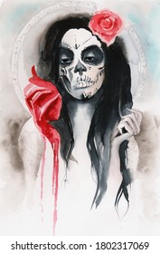  Watercolor portrait of a girl with a rose and heart in hand with the symbols of the mexican holiday Santa Muerte
