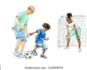 Watercolor portrait of happy international family. Painting smiling parents with son playing football. Hand drawn sketching illustration of diversity - Powered by Shutterstock