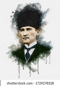 Watercolor portrait illustration of Mustafa Kemal Ataturk