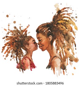 Watercolor Portrait Of Mother And Daughter, Cheerful African People. Hand Drawn Family Portrait On White Background. Painting Realistic Illustration.