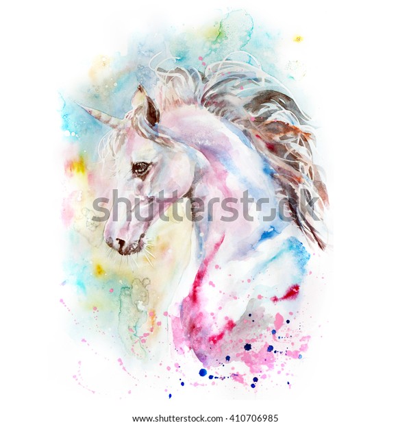 Watercolor Portrait Pink Blue Unicorn On Stock Illustration 410706985