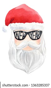 Watercolor portrait of Santa Claus with glasses on white background. Hand drawn illustration for invitations, holiday, greeting cards, posters, books, envelopes, photo album, packaging.