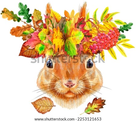 Watercolor portrait of a squirrel in a wreath of autumn leaves. Cute forest animal for your design