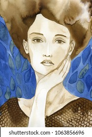 Watercolor portrait of a young beautiful woman.