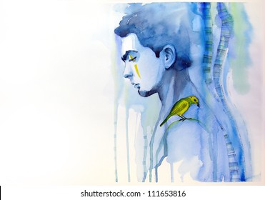 watercolor portrait young man and little bird | handmade | self made | painting