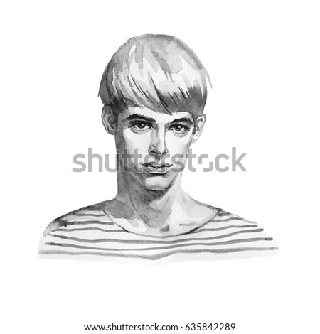 Watercolor portrait of young man in striped shirt. Hand drawn blondie boy face on white background. Painting fashion black and white illustration