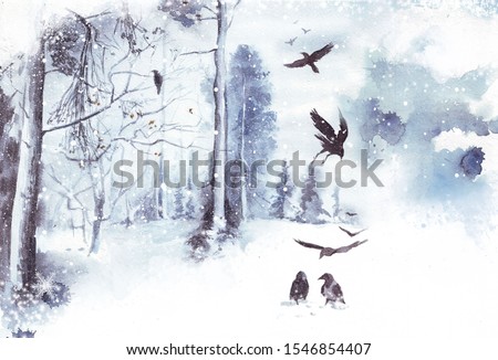 watercolor portraits of crows and birds, winter landscapes
Birds and big scenes with winter woodlands and mountains for the winter calendars and small planners;
ready-made designs, invitation post-car
