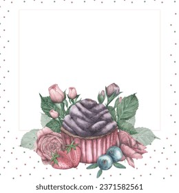 Watercolor postcard with a festive cupcake surrounded by strawberries, blueberries, flowers and pink rose leaves in vintage style. Background in colored polka dots. Template for the design of postcard - Powered by Shutterstock