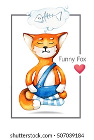 watercolor postcard  little Fox meditating