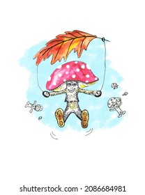 Watercolor postcard with mushrooms, funny cartoon illustration