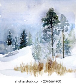 Watercolor postcard, winter landscape hand drawing
