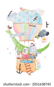 Watercolor poster. Cute balloon illustration with funny animals. Friends on a air adventure. Isolated on white background.