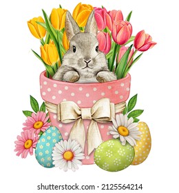 Watercolor Pot With Cute Bunny Easter Eggs And Tulips